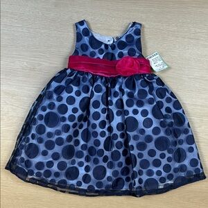 Cherokee Navy Polka Dot Dress with Pink Sash Belt Detail 18M